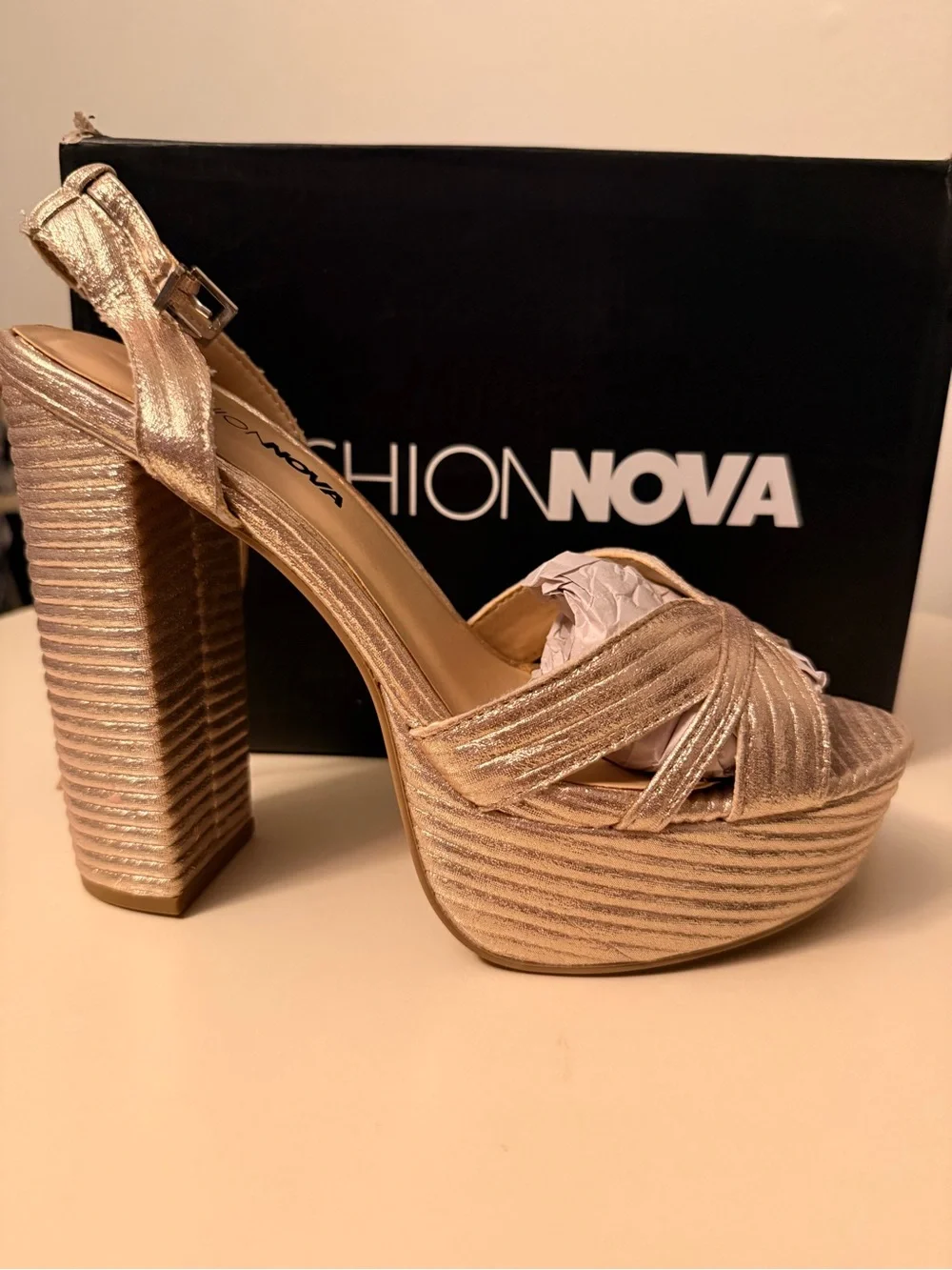 Fashion Nova Rose Gold Metallic Platform Block Heels